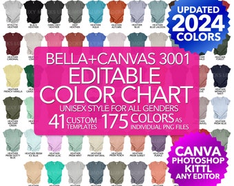 Editable Color Chart Bella Canvas 3001 169 PNG Transparent Files + 24 JPEG Templates Unisex Style Men Women T-shirt Mockup Custom Chart