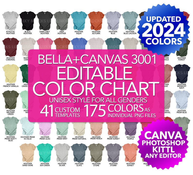 Bearbeitbare Farbkarte Bella Canvas 3001 169 transparente PNG-Dateien 24 JPEG-Vorlagen Unisex-Stil Männer Frauen T-Shirt Mockup Custom Chart Bild 1