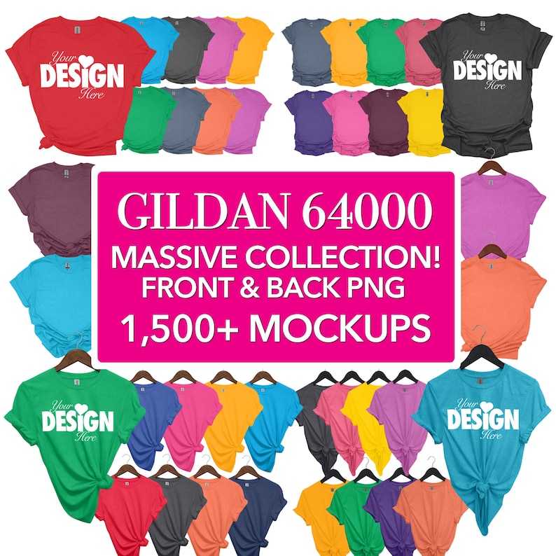 Puede incluir: Una colecci&oacute;n de m&aacute;s de 1.500 maquetas de camisetas Gildan 64000 en varios colores. Las maquetas est&aacute;n dispuestas en filas y columnas, con cada camiseta mostrada en vista frontal y posterior. El texto "Your Design Here" est&aacute; impreso en la parte delantera de cada camiseta.