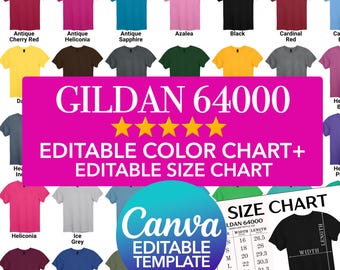 Gildan 64000 Color Chart + Size Chart Canva Template