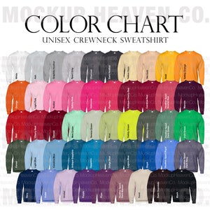 Puede incluir: Carta de colores que muestra una variedad de sudaderas con cuello redondo en diferentes colores. La carta incluye colores como blanco, ceniza, gris jaspeado, gris deportivo, carb&oacute;n, gris oscuro, amarillo tenue, oro viejo, oro, naranja de seguridad, naranja, rosa claro, azalea, rosa de seguridad, heliconia, paprika, rojo cereza antiguo, rojo cardenal, deportivo jaspeado, rojo escarlata, granate, verde menta, verde claro, kiwi, verde de seguridad, verde militar, deportivo jaspeado, verde oscuro, verde irland&eacute;s, bosque, azul claro, azul de Carolina, zafiro antiguo, zafiro, azul &iacute;ndigo, azul legi&oacute;n, azul real, deportivo jaspeado real, deportivo jaspeado, azul marino oscuro, arena, deportivo jaspeado, marr&oacute;n oscuro, orqu&iacute;dea, morado, ciruela, deportivo jaspeado, chocolate oscuro, negro, violeta, azul marino.