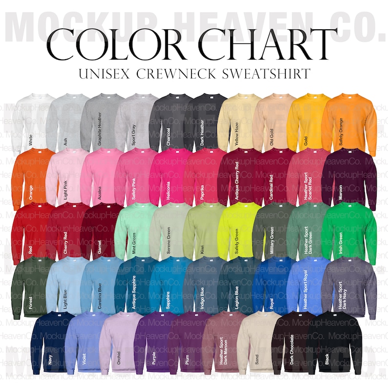 Puede incluir: Carta de colores que muestra una variedad de sudaderas con cuello redondo en diferentes colores. La carta incluye colores como blanco, ceniza, gris jaspeado, gris deportivo, carb&oacute;n, gris oscuro, amarillo tenue, oro viejo, oro, naranja de seguridad, naranja, rosa claro, azalea, rosa de seguridad, heliconia, paprika, rojo cereza antiguo, rojo cardenal, deportivo jaspeado, rojo escarlata, granate, verde menta, verde claro, kiwi, verde de seguridad, verde militar, deportivo jaspeado, verde oscuro, verde irland&eacute;s, bosque, azul claro, azul de Carolina, zafiro antiguo, zafiro, azul &iacute;ndigo, azul legi&oacute;n, azul real, deportivo jaspeado real, deportivo jaspeado, azul marino oscuro, arena, deportivo jaspeado, marr&oacute;n oscuro, orqu&iacute;dea, morado, ciruela, deportivo jaspeado, chocolate oscuro, negro, violeta, azul marino.