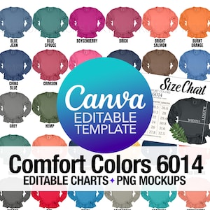 Comfort Colors 6014 Color Chart + Size Chart + PNG Mockup (Canva Editable Template)