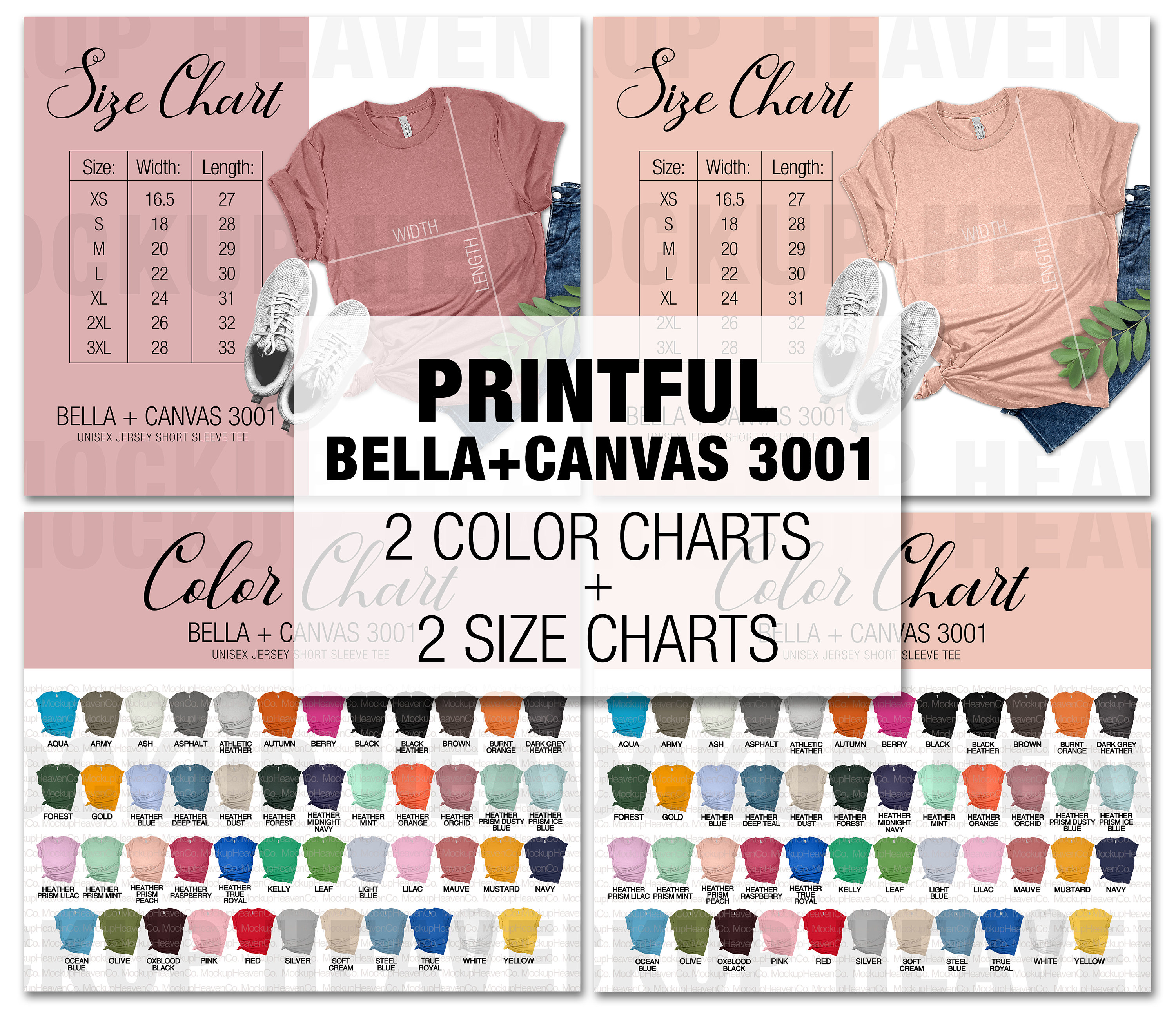 Bella Canvas 3001 Color Chart & Size Chart Bundle 2 Colors Gray Gold  Printful Colors Print on Demand T-shirt Mockup Color Chart Size Chart -   Canada