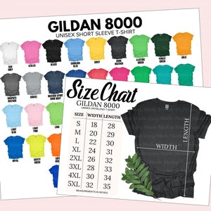 Gildan 8000 g800 Farbkarte + Größentabelle Bundle | Unisex Männer Frauen | Digitaler Download | 2 JPEG-Dateien | Gildan g800 Unisex Abschlagkarten