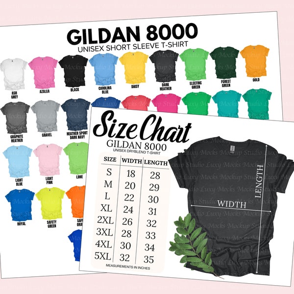 Gildan 8000 g800 Color Chart + Size Chart Bundle | Unisex Men Women | Digital Download | 2 JPEG Files | Gildan g800 Unisex Tee Charts