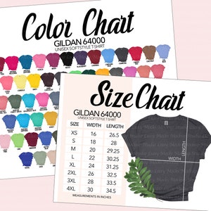 Paquete de tabla de tallas y colores Gildan 64000 G640 La tabla en formato JPEG muestra 73 colores / Tabla de tallas y colores de vista plana para mujeres