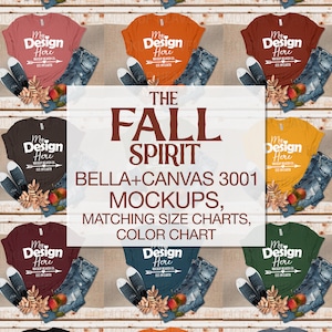 Paquete de maquetas de Bella Canvas 3001 Fall + Tablas de tallas correspondientes para cada color + Tabla de colores / Maquetas de camisetas de otoño / Impresión a pedido