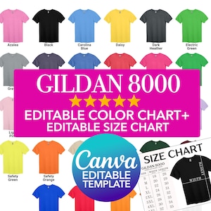 Plantilla Canva Gildan 8000 G800 Tabla de colores editable + Tabla de tallas + Paquete de maqueta PNG transparente / Unisex Hombres Mujeres / Tabla de arrastrar y soltar