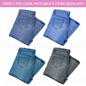 Op de afbeelding: Vier paar gevouwen jeans in verschillende tinten blauw en grijs. De jeans zijn dubbelgevouwen en liggen op een witte achtergrond.