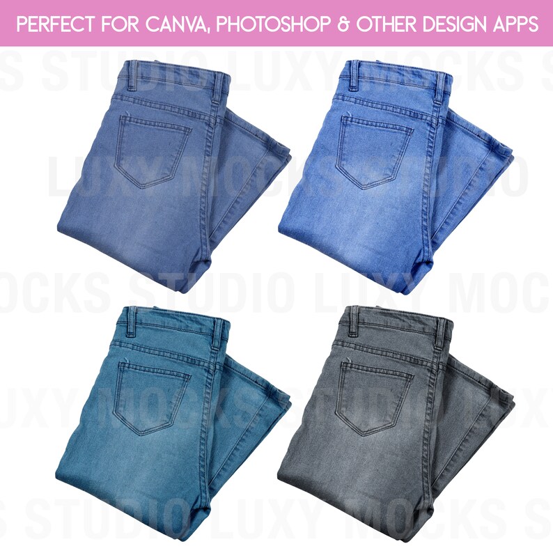 Op de afbeelding: Vier paar gevouwen jeans in verschillende tinten blauw en grijs. De jeans zijn dubbelgevouwen en liggen op een witte achtergrond.