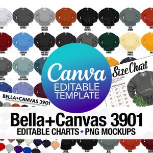 Plantilla de Canva Bella Canvas 3901 Tabla de colores editable + Tabla de tallas + Paquete de maquetas PNG transparentes / Maqueta de sudadera unisex / Editable