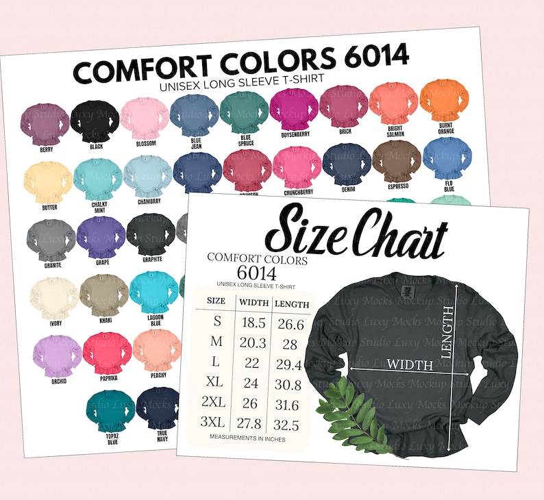 May include: A size chart for unisex long sleeve t-shirts in various colors. The chart shows the width and length measurements in inches for sizes S through 3XL.