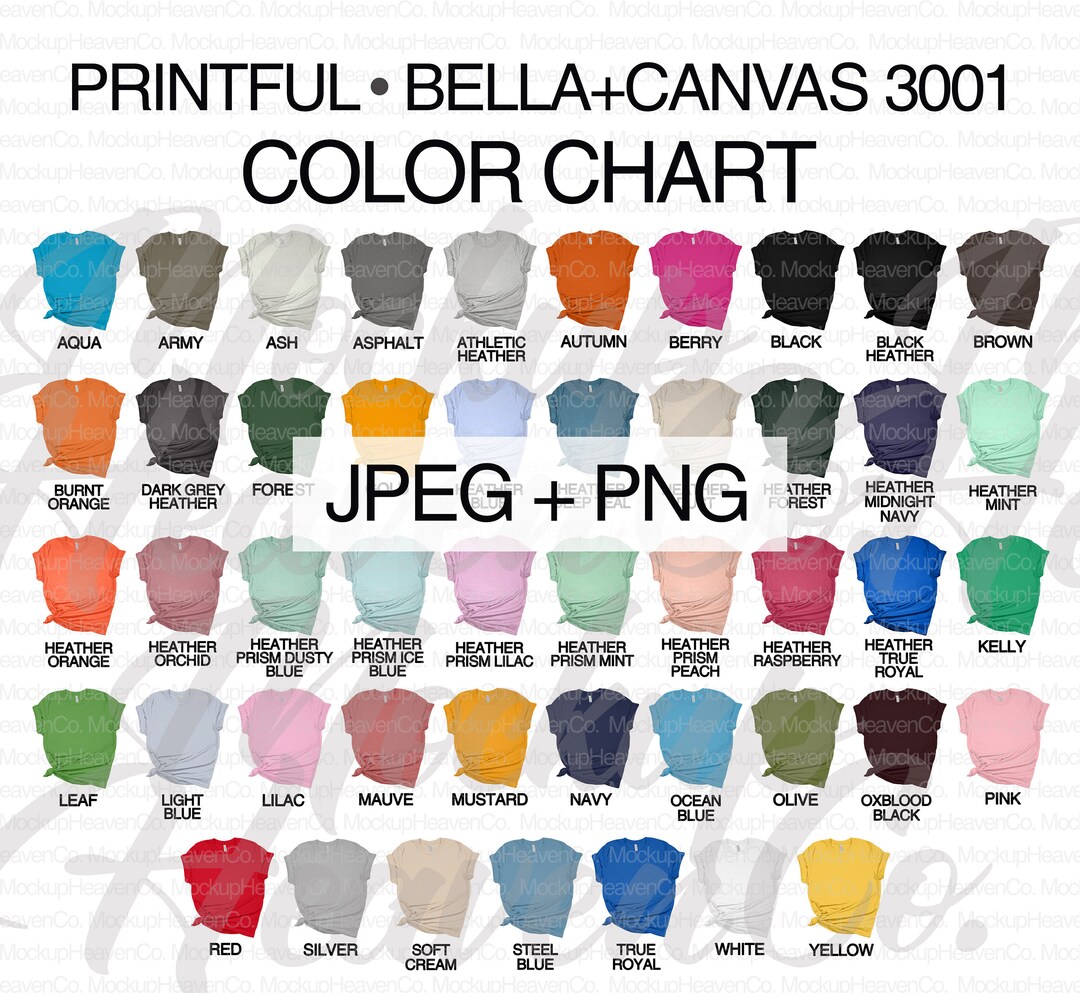 Bella Canvas 3001 Printful Color Chart JPEG PNG Files Unisex Tshirt