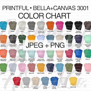 Bella Canvas 3001 Tabla de colores Printful Archivos JPEG + PNG Camiseta unisex Descarga digital Todos los colores Printful para los listados de tu tienda en línea