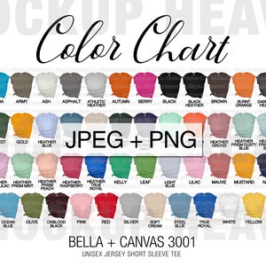 Tabla de colores de Bella Canvas 3001 Printful JPEG + PNG Maqueta de camiseta para impresión bajo demanda Tabla de colores para listados de tiendas en línea Todos los colores de Printful
