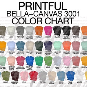 Camiseta unisex con carta de colores Bella Canvas 3001 de Printful Descarga digital de todos los colores de Printful para los listados de tu tienda en línea