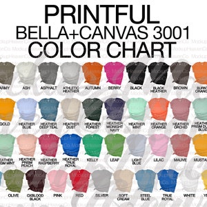 Printful Bella Canvas 3001 Color Chart Unisex T-shirt Digital Download All Printful Colors for Your Online Store Listings