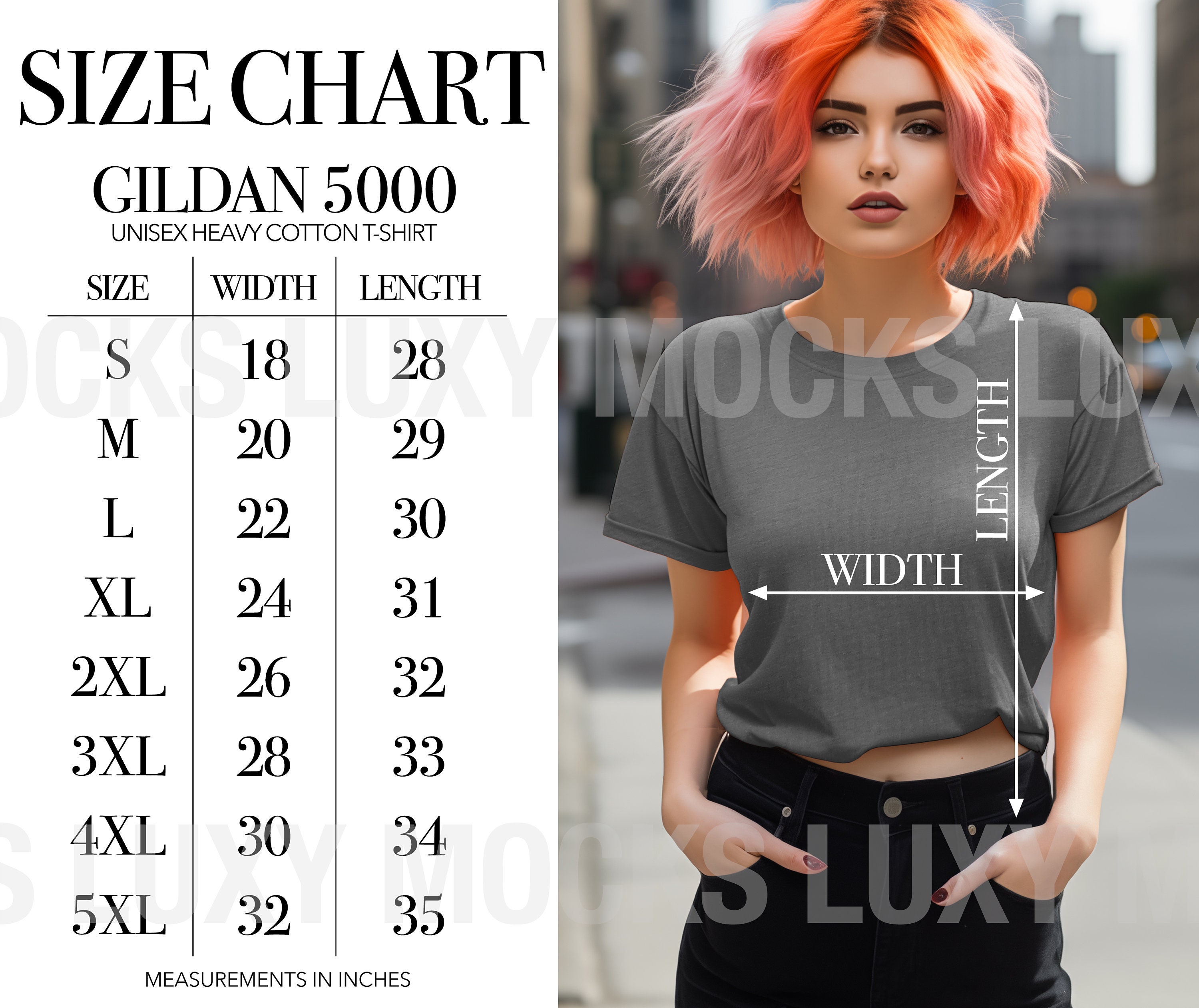 Gildan 5000 G500 Size Chart | Women's Fit G500 T-shirt Size Chart | JPEG Format Non-editable Version | Gildan Size Chart