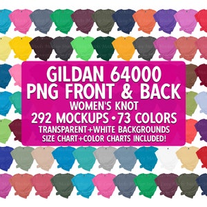 Ensemble de maquettes avant et arrière Gildan 64000 PNG Transparent T-shirt avec noeud pour femme Mocks G640 toutes les couleurs de la saison printemps été automne vacances