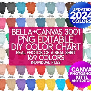 Tabla de colores editable PNG para camiseta de mujer Bella Canvas 3001 / Fotos PNG individuales de alta resolución + encabezados de tabla / Tabla de colores y tallas /