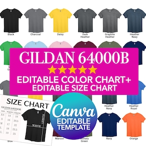 Plantilla de Canva Gildan 64000B Tabla de colores editable + Tabla de tallas editable Paquete de maquetas PNG de Canva para camisetas juveniles con función de arrastrar y soltar G640B