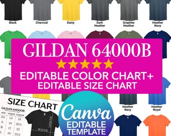 Gildan 64000B Jugend T-shirt Farbtabelle & Größentabelle Canva Template