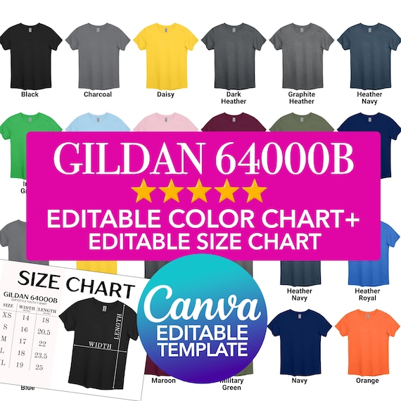 Gildan 64000B Youth T-shirt Color & Size Chart Canva Template