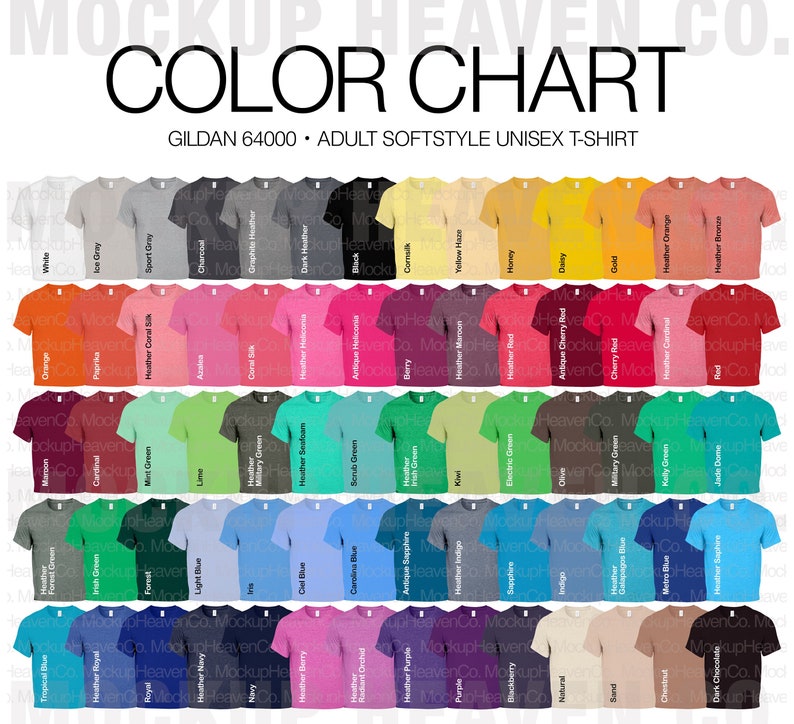 Gildan 64000 G640 Color Chart 2 Files 70 Colors T-shirt Mockup | Etsy