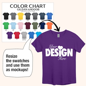 May include: A colour chart of youth t-shirts in various colours, including black, charcoal, daisy, dark heather, graphite heather, heather, Irish green, light blue, light pink, maroon, military green, navy, orange, purple, red, ring spun sport grey, and teal. The chart is next to a purple youth t-shirt with the text "Your DESIGN Here" in white.