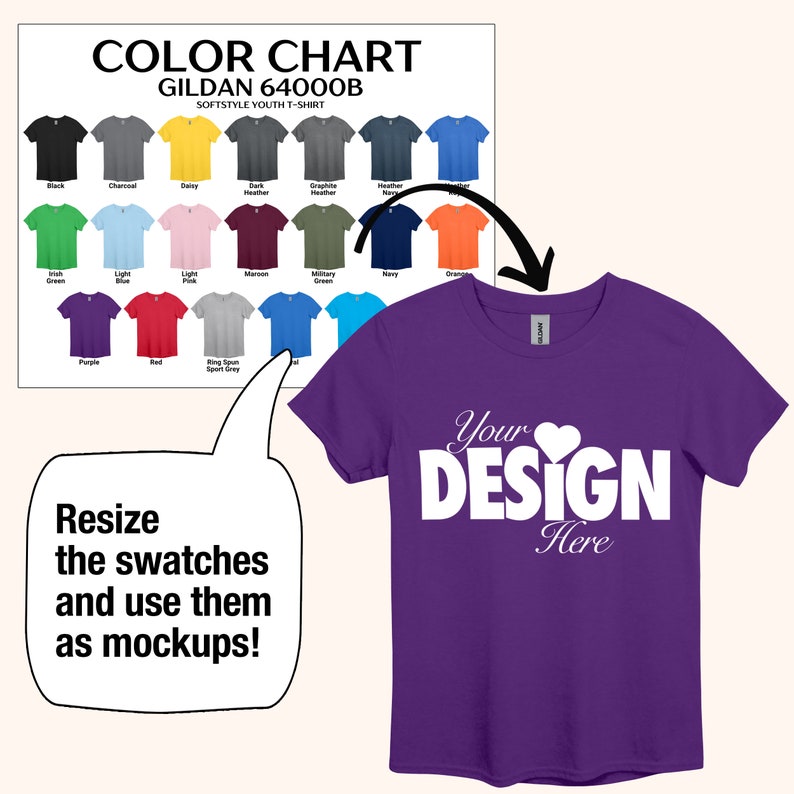 May include: A colour chart of youth t-shirts in various colours, including black, charcoal, daisy, dark heather, graphite heather, heather, Irish green, light blue, light pink, maroon, military green, navy, orange, purple, red, ring spun sport grey, and teal. The chart is next to a purple youth t-shirt with the text "Your DESIGN Here" in white.