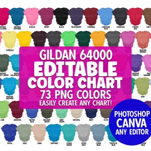 T-shirt Gildan 64000, nuancier modifiable DIY, 73 échantillons transparents PNG | N&#39;importe quel éditeur | G640 | Comprend un tableau des couleurs + un tableau des tailles