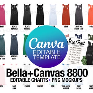 Plantilla de Canva con tabla de colores editable Bella Canvas 8800 + paquete de maquetas PNG / Maquetas PNG transparentes de camisetas sin mangas con espalda cruzada / Tabla de colores Tabla de tallas