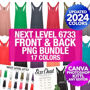 Next Level 6733 Front And Back PNG Transparent Mockup Bundle + Color Chart + Size Chart | Women's Tank Next Level 6733 PNG Mockup Bundle