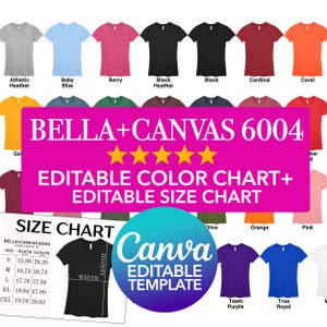 Plantilla de Canva Bella Canvas 6004 Tabla de colores editable + Tabla de tallas editable Paquete de maquetas PNG de Canva para mujer Arrastrar y soltar