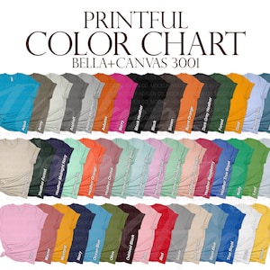 Tabla de colores Bella Canvas 3001 de Printful + tabla de tallas Maqueta de camiseta Tabla de colores y tallas Paquete para impresión bajo demanda Descarga digital instantánea