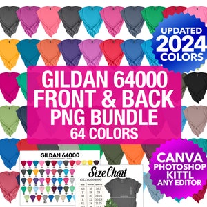 Gildan 64000 G640 Front And Back PNG Transparent Mockup Bundle Women&#39;s Mockups Summer Fall Spring Holiday | Color Chart + Size Chart