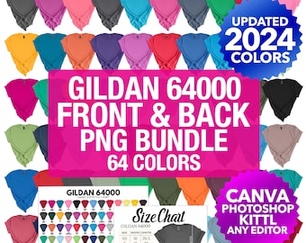 May include: A collection of 64 color Gildan 64000 unisex t-shirts in a heart shape. The t-shirts are arranged in rows and columns, with each color represented. The image also includes a size chart and a text overlay that reads "Updated 2024 Colors", "Gildan 64000 Front & Back PNG Bundle 64 Colors", and "Canva Photoshop Kittel Any Editor".