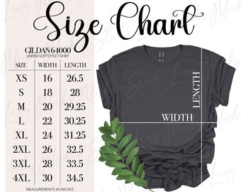 Gildan 64000 Size Chart | 1 JPEG File | G640 Softstyle Tshirt Unisex Style Scripted Header | Non-editable | Instant Digital Download