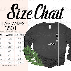 Bella Canvas 3501 Tabla de tallas / Unisex Women Men Long Sleeve Tee Mockup Size Charts / Formato JPEG / Descarga digital instantánea
