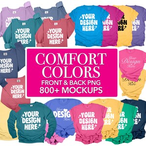 Puede incluir: Una colecci&oacute;n de m&aacute;s de 800 maquetas de camisetas en varios colores, incluyendo rosa, azul, verde, amarillo y morado. Las maquetas son para la parte delantera y trasera de las camisetas, y presentan el texto "Your Design Here" en cada camiseta.