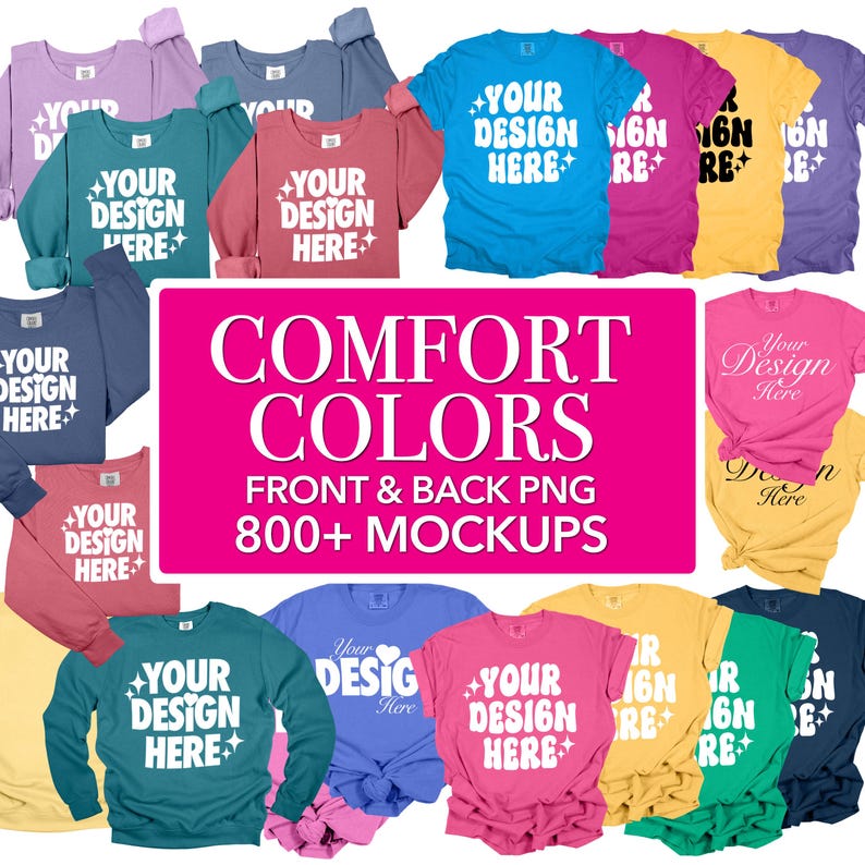Puede incluir: Una colecci&oacute;n de m&aacute;s de 800 maquetas de camisetas en varios colores, incluyendo rosa, azul, verde, amarillo y morado. Las maquetas son para la parte delantera y trasera de las camisetas, y presentan el texto "Your Design Here" en cada camiseta.