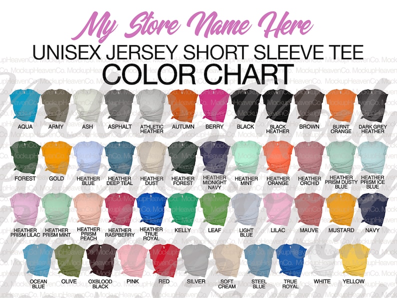 Puede incluir: Carta de colores para camisetas de manga corta de jersey unisex. La carta muestra 36 colores diferentes, incluyendo aqua, ej&eacute;rcito, ceniza, asfalto, heather atl&eacute;tico, oto&ntilde;o, baya, negro, heather negro, marr&oacute;n, naranja quemado, heather gris oscuro, bosque, oro, heather azul, heather azul oscuro, heather polvo, heather bosque, heather azul medianoche, heather menta, heather naranja, heather orqu&iacute;dea, heather prisma azul polvoriento, heather prisma azul hielo, heather prisma lila, heather prisma menta, heather prisma melocot&oacute;n, heather frambuesa, true royal, kelly, hoja, azul claro, lila, malva, mostaza, azul marino, azul oc&eacute;ano, oliva, negro sangre de buey, rosa, rojo, plata, crema suave, azul acero, true royal, blanco y amarillo.