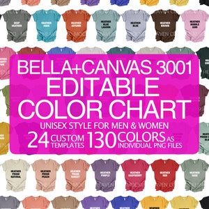 Bella Canvas 3001 Tabla de colores editables de arrastrar y soltar con 130 colores como archivos PNG Maquetas de camisetas en color Estilo unisex para hombres y mujeres