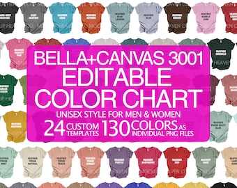 Carta de colores Bella Canvas 3001: 130 colores, maquetas de camisetas (archivos PNG)