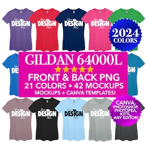 Gildan 64000L g640L レディース PNG モックアップ バンドル 透明な背景 前面と背面のモックアップ | 編集可能なカラーとサイズチャート X1 2024 を含む