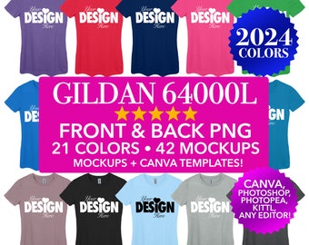 May include: A mockup of 21 different colored Gildan 64000L t-shirts with the text "Your Design Here" on the front. The image includes a pink banner with the text "GILDAN 64000L" and "FRONT & BACK PNG 21 COLORS 42 MOCKUPS" in white text. The image also includes a purple starburst with the text "2024 COLORS" in white text.