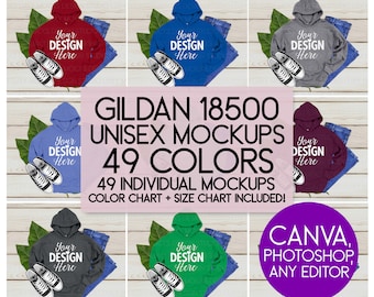 May include: Mockups of 49 different colored Gildan 18500 unisex hoodies. The hoodies are shown on a white wood background with jeans and greenery. The text "Your Design Here" is on each hoodie. The text "Gildan 18500 Unisex Mockups 49 Colors 49 Individual Mockups Color Chart + Size Chart Included! Canva, Photoshop, Any Editor" is on a pink banner.