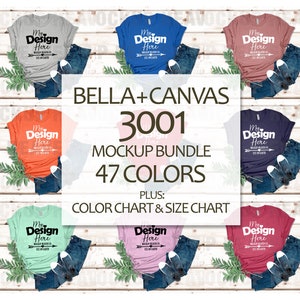 Paquete de maquetas Bella Canvas 3001, tabla de colores y tabla de tallas incluidas, 47 maquetas de camisetas planas con impresión a pedido con colores de Printful