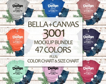 Bella Canvas 3001 Mockup Bundle Color Chart & Size Chart Included 47 Printful Colors Print On Demand Flat Lay T-shirt Mockups